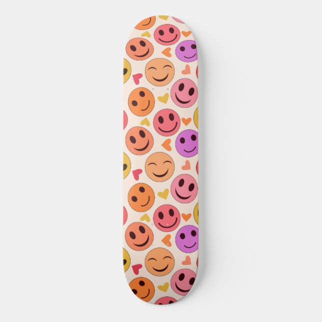 Colourful Smiling Happy faces with hearts   Skateboard (Front)