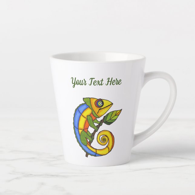 Colourful Smiling Lizard Holding Twig Leaf Latte Mug (Right)