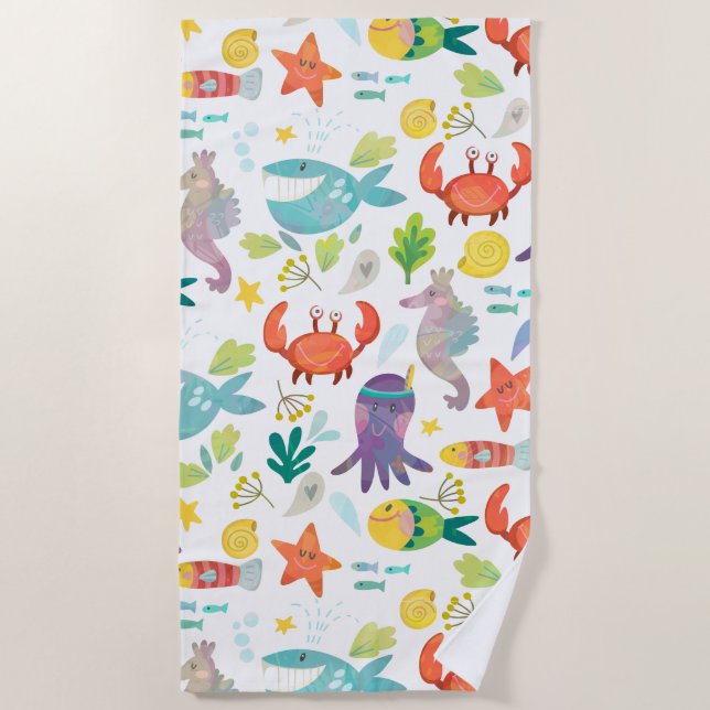 Colourful Smiling Sea Animals Beach Towel (Front)