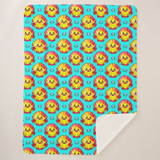 Colourful Smiling Seashells and Crabs Sherpa Blanket (Front)