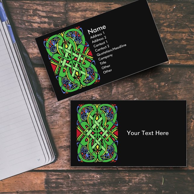 Colourful Snake Celtic Knot Business Card (Irish Celtic elaborate knot in green blue red on black business cards.)
