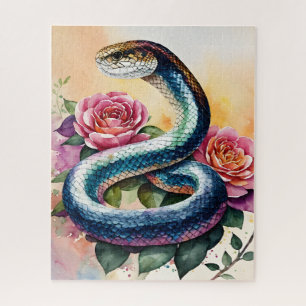 Colourful Snake Floral Watercolor Art Jigsaw Puzzle