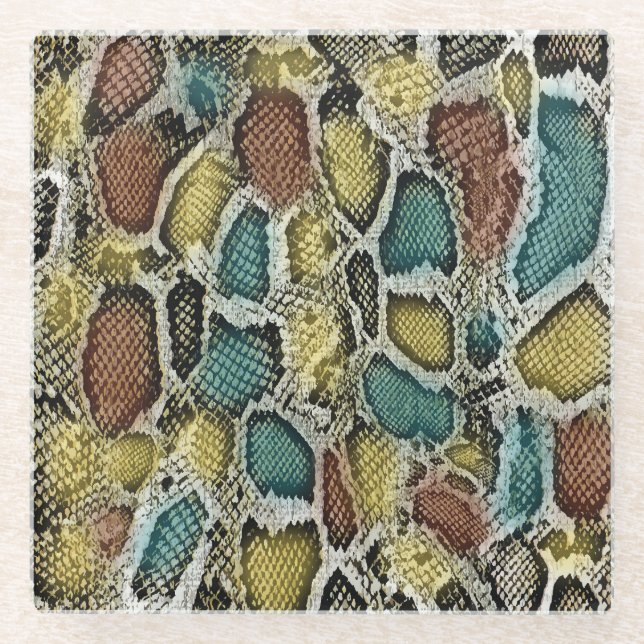 Colourful snake skin: seamless design. glass coaster (Front)