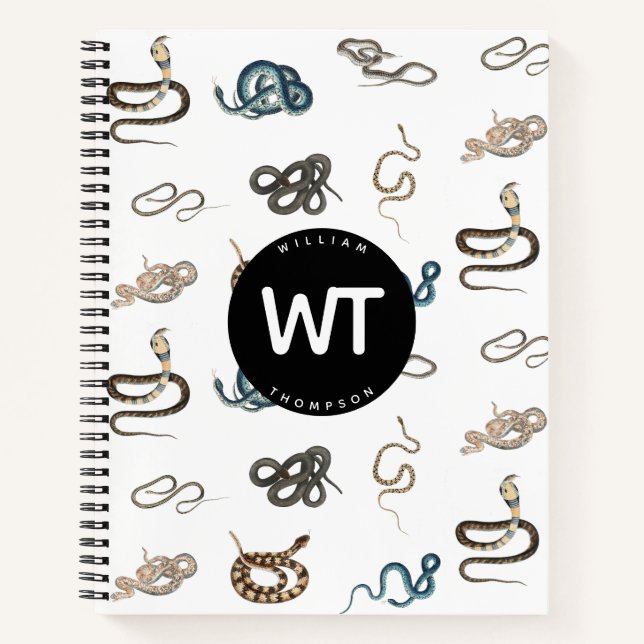 Colourful Snakes Reptile Animal Pattern Monogram Notebook (Front)