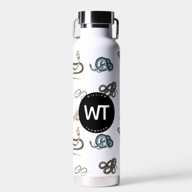Colourful Snakes Reptile Animal Pattern Monogram Water Bottle (Front)