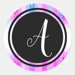 Colourful Snow Monogram Black Circle-Circle Sticke Classic Round Sticker