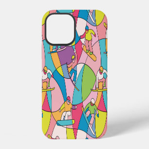 Colourful snowboarders: vintage seamless pattern. iPhone 12 case