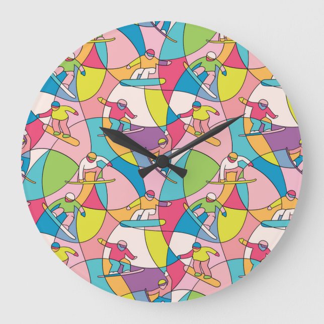 Colourful snowboarders: vintage seamless pattern. large clock (Front)