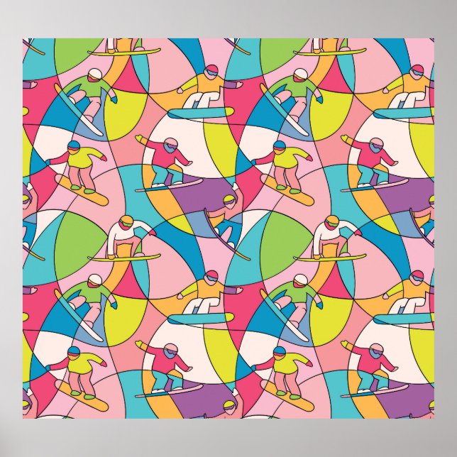 Colourful snowboarders: vintage seamless pattern. poster (Front)