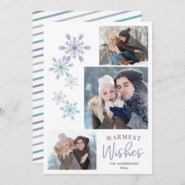 Colourful Snowflake Photo Purple Warmest Wishes Holiday Card (Front/Back)