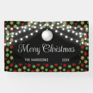 Colourful Snowflake String Lights Black Christmas Banner
