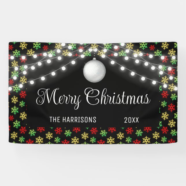 Colourful Snowflake String Lights Black Christmas  Banner (Horizontal)