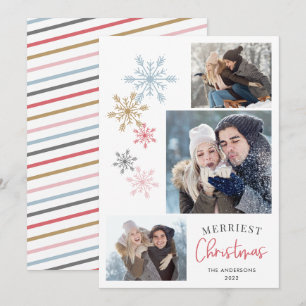 Colourful Snowflakes 3 Photos Merriest Christmas Holiday Card