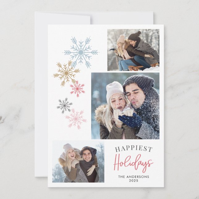 Colourful Snowflakes 4 Photos Happiest Holidays Holiday Card (Front)