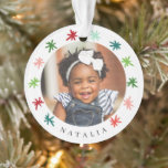 Colourful Snowflakes Kids 2 Photo Name Christmas Ornament<br><div class="desc">This fun, colourful photo ornament features a hand drawn snowflakes frame in teal, red, lime green, pink, and mint aqua. Easy to personalise, both on the front and the back! You can choose to use the same photo on both the front and back, or you can use two different photos....</div>