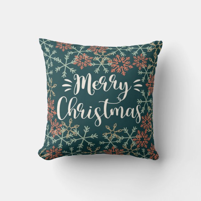 Colourful Snowflakes Merry Christmas Typography Cushion (Front)