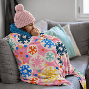 Colourful Snowflakes on Pink Holiday Pattern Fleece Blanket