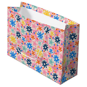 Colourful Snowflakes on Pink Holiday Pattern Large Gift Bag