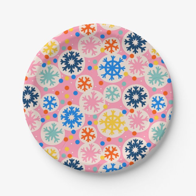Colourful Snowflakes on Pink Holiday Pattern Paper Plate (Front)
