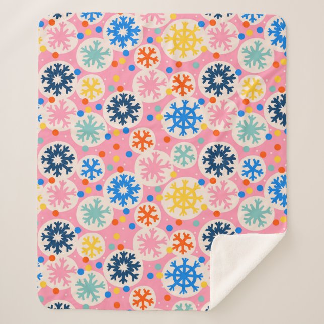 Colourful Snowflakes on Pink Holiday Pattern Sherpa Blanket (Front)