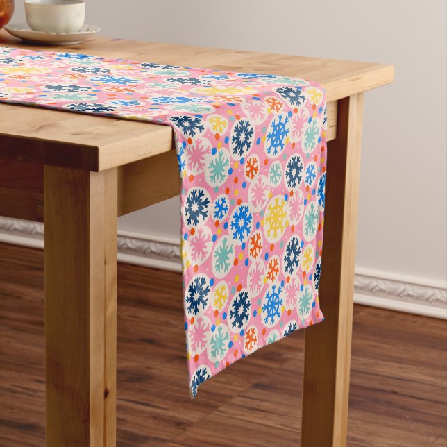 Colourful Snowflakes on Pink Holiday Pattern Short Table Runner (In Situ)