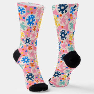 Colourful Snowflakes on Pink Holiday Pattern Socks
