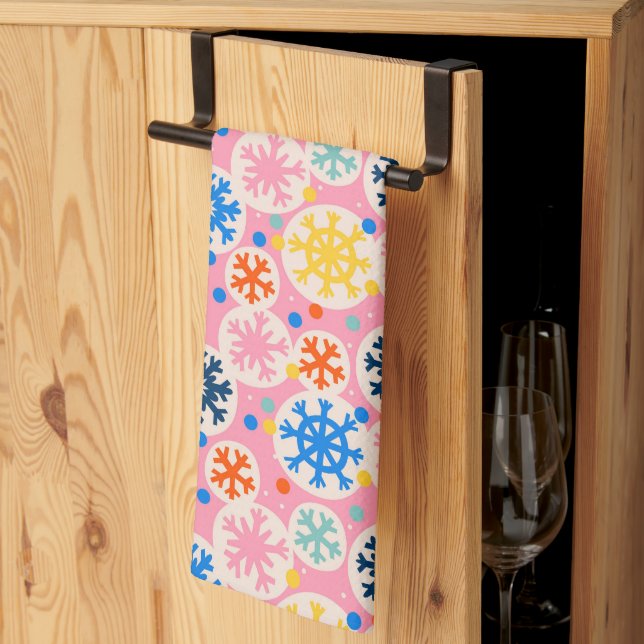 Colourful Snowflakes on Pink Holiday Pattern Tea Towel (Thirds Fold)