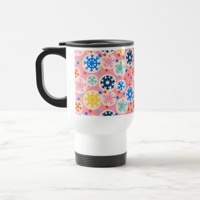 Colourful Snowflakes on Pink Holiday Pattern Travel Mug (Left)
