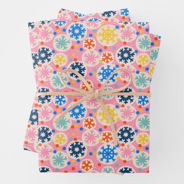 Colourful Snowflakes on Pink Holiday Pattern Wrapping Paper Sheet (In situ)