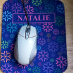 Colourful Snowflakes Pattern on Blue Pink Name Mouse Mat<br><div class="desc">Colourful snowflakes pattern. On a blue background with a customisable pink name in rectangle.</div>