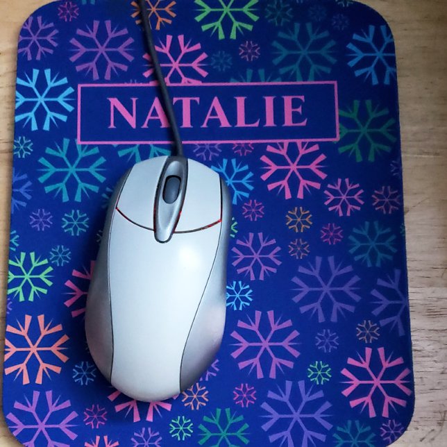 Colourful Snowflakes Pattern on Blue Pink Name Mouse Mat (mousepad shown in situ with a mouse. color is slightly lighter than shown due to shadows in photo)