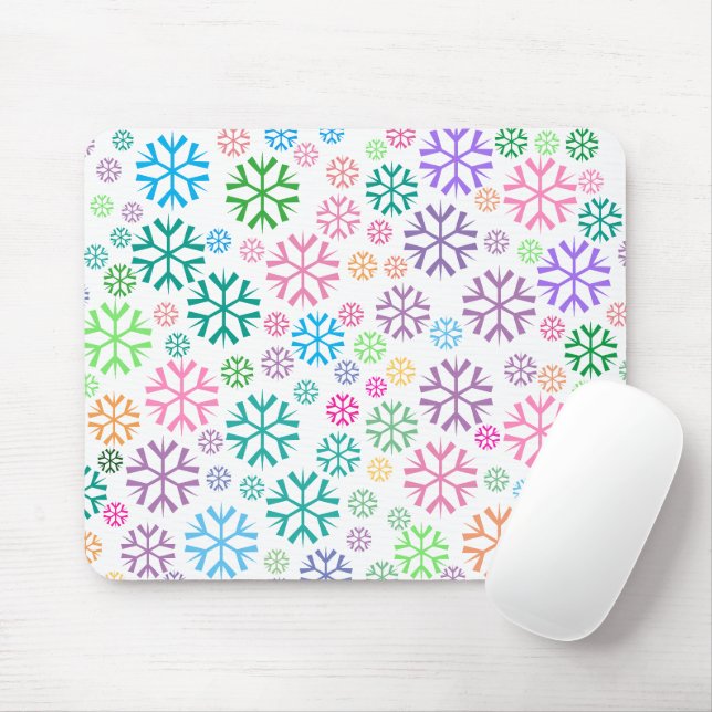 Colourful Snowflakes Pattern on White Mouse Mat (With Mouse)