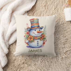 Colourful Snowman in Watercolor Pattern Hat Festiv Cushion