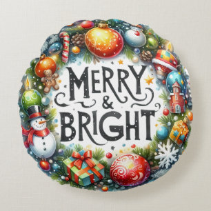 Colourful Snowman & Ornaments Christmas Pillow