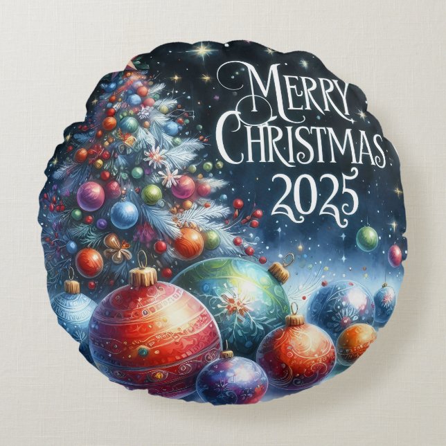 Colourful Snowman & Ornaments Christmas Pillow (Front)