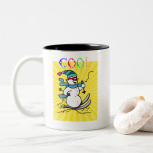 Colourful Snowman Skiing funny cute snowman sk Two-Tone Coffee Mug