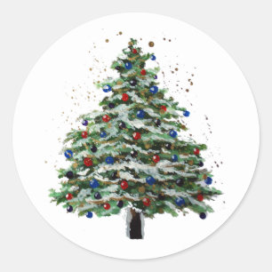 Colourful Snowy Christmas Tree Classic Round Sticker