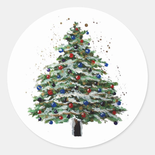 Colourful Snowy Christmas Tree Classic Round Sticker (Front)