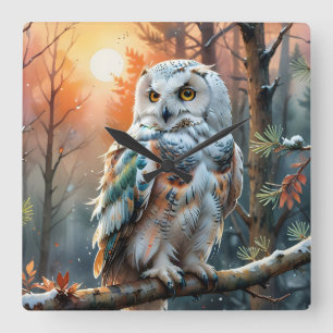 Colourful Snowy owl in Autumnal Forest Square Wall Clock