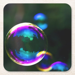 Colourful Soap Bubbles Floating Square Paper Coaster