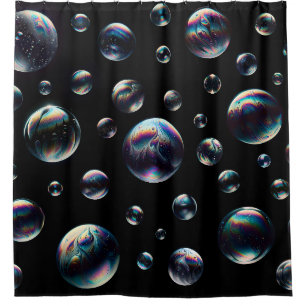 Colourful Soap Bubbles on Black Shower Curtain