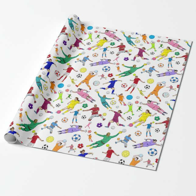 Colourful Soccer Players Pattern Wrapping Paper (Unrolled)