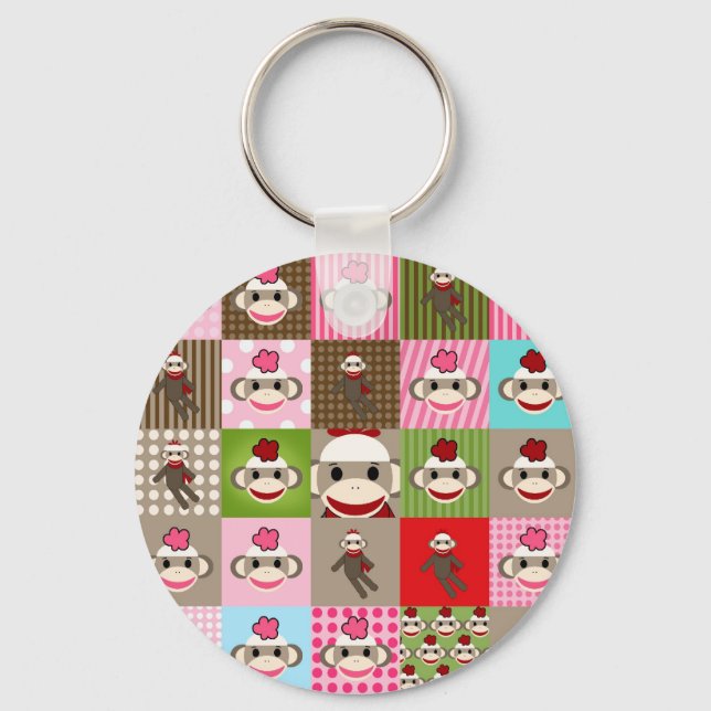 Colourful Sock Monkey Patchwork Key Ring (Front)