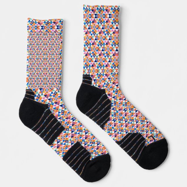 Colourful socks with geometric patterns in red (Right)