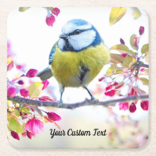 Colourful Songbird & Spring Blossoms, Your Message Square Paper Coaster