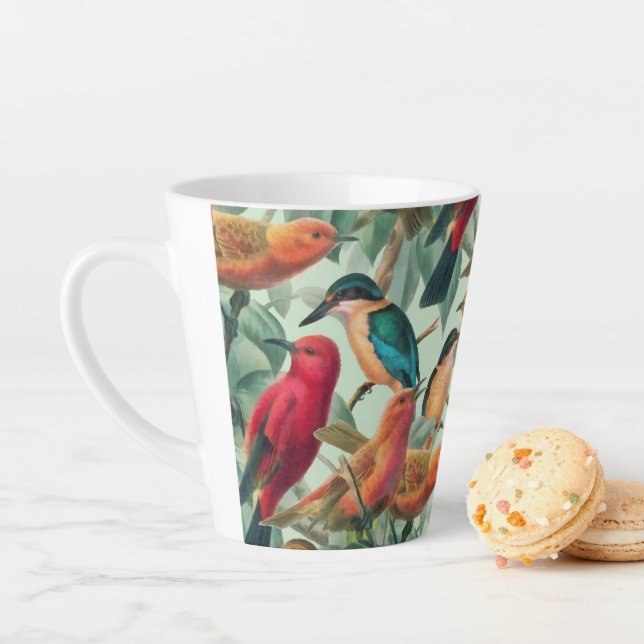 Colourful Songbirds & Green Leaves Pattern  Latte Mug (In Situ)