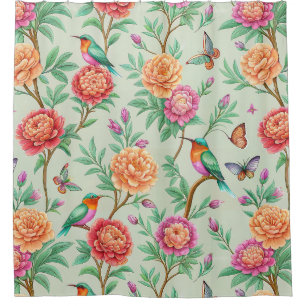 Colourful Songbirds Orange Flowers Green Leaves Shower Curtain