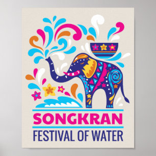 Colourful Songkran Festival Elephant Water Poster