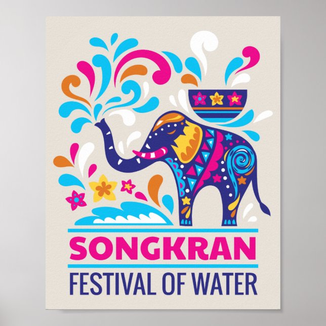 Colourful Songkran Festival Elephant Water Poster (Front)