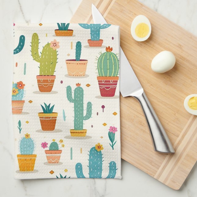 Colourful Southwestern Cactus Tea Towel (Quarter Fold)